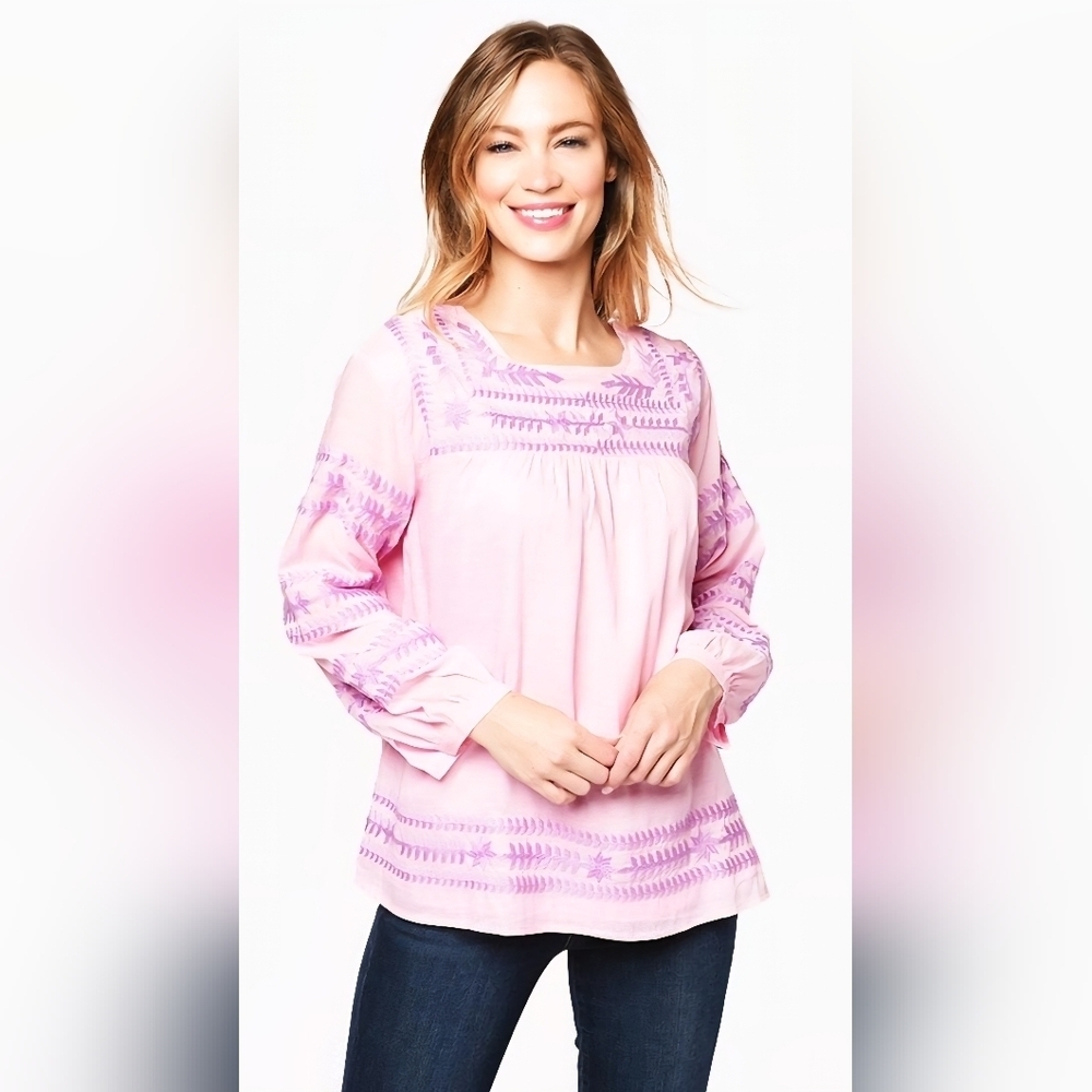 J. Marie Women’s The Katie Top Size M Pink Peasant Embroidered Long Sleeve Tunic